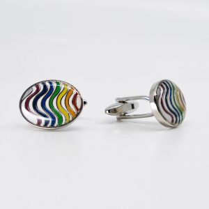 Rainbow Wave Oval Enamel & Rhodium Plated Cufflinks