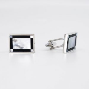 Rectangular Mother of Pearl & Onyx Edge Band Rhodium Plated Cufflinks
