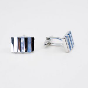 Blue Mother of Pearl Striped Rectangular Rhodium Plated Cufflinks