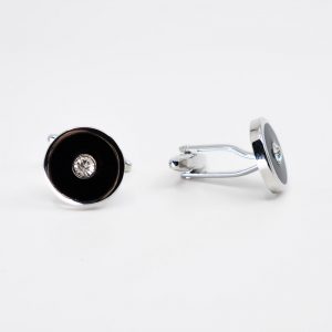 Round Black with Centre Crystal Rhodium Plated Cufflinks