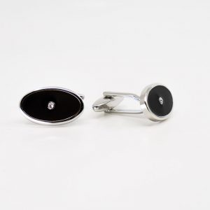 Oval black enamel cufflinks with crystal stud