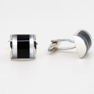 Onyx with Mother of Pearl Bands Curved Rhodium Plated Cufflinks