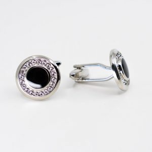 Ring of Clear Crystals with Black Acrylic Centre Rhodium Plated Cufflinks